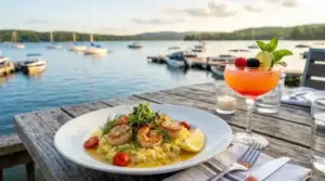 Seafood dish and cocktail