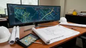 Office table displaying site blueprint