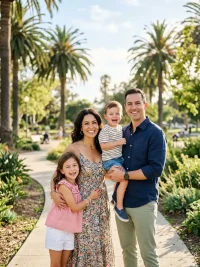 Local family smiling outdoors